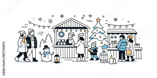 Christmas Market Stroll. Visiting Christmas market. People walking between festive stalls with lights and decorations, calm winter stroll and cozy holiday