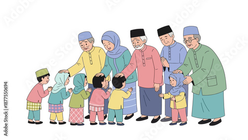 Elderly people in traditional attire interacting with children in a cultural setting