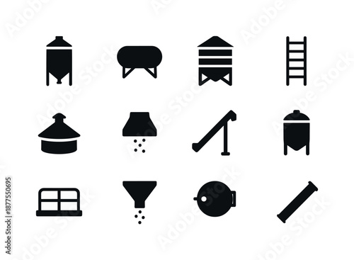 Grain Silo Icons. Grain silo. Solid icon set of grain silo: vertical silo, horizontal silo, metal grain bin, silo ladder, roof vent, grain chute, unloading