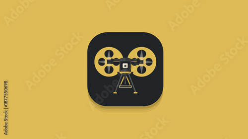A stylized film camera graphic, set within a black, rounded square, on a mustard yellow background