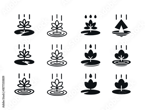 Rainforest Logo Icons. Rain showers in forests and wetland areas. Icon set. Set Logo of rain showers in forests and wetland areas: water-lily with rain rings.