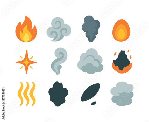 Colorful Fire and Smoke Icons. Fire and smoke elements. Colorful flat vector icons set of fire and smoke elements: flame burst, swirling smoke puff, rising