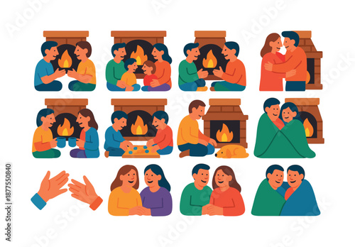 Fireplace Icon Set. Fireplace bonding. Colorful flat vector icons set of fireplace bonding: two friends chatting, family sitting circle, sharing stories, kids