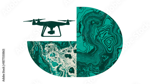 A silhouette drone image overlaid on a segmented circle with marble-like textures