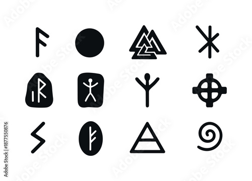 Mystic Runes Collection. Runes and symbols. Solid icon set of runes and symbols: elder futhark rune, circle rune, triangle rune, bind rune, runic stone,