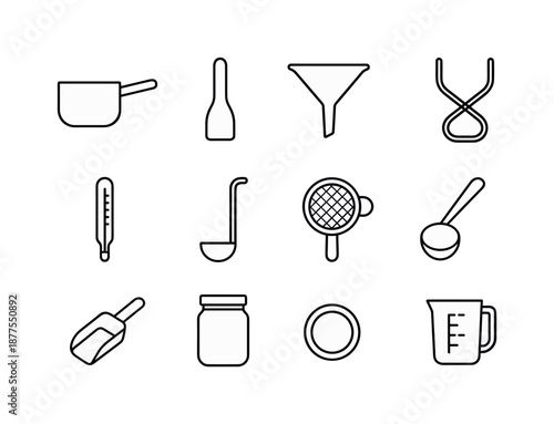 Jam Making Tools. Jam making tools. Line icon set of jam making tools: saucepan, wooden spatula, funnel, jar tongs, thermometer, ladle, strainer, sugar scoop,