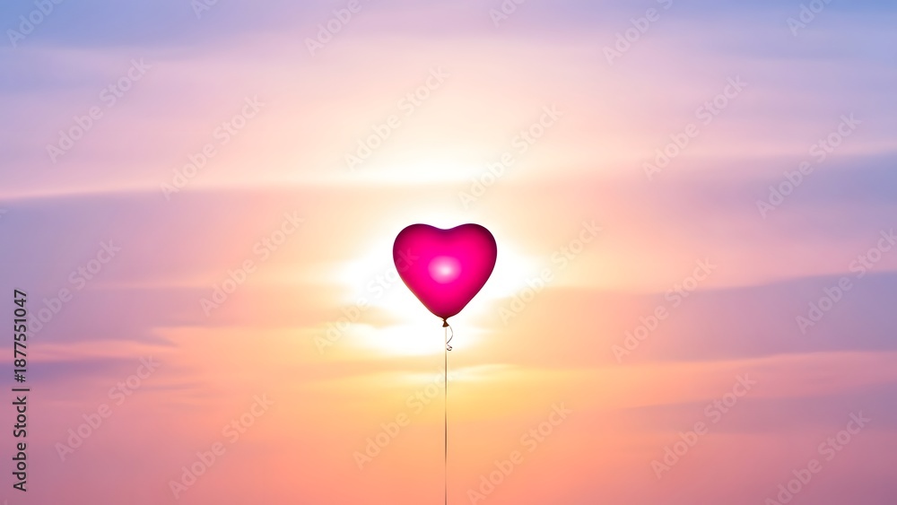 Fototapeta premium Romantic Heart Balloon Silhouette Floating at Sunset Sky for Valentine’s Day Love Concept