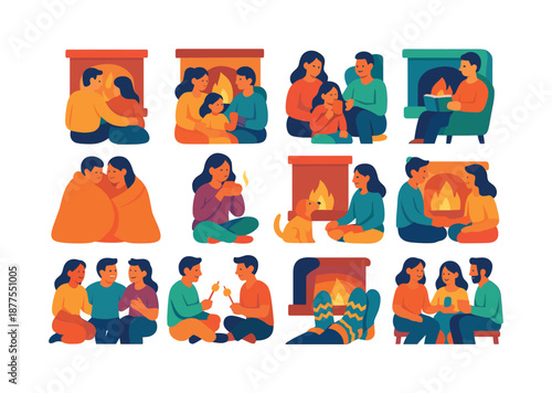 Cozy Fireplace Moments. People by the fireplace. Colorful flat vector icons set of people by the fireplace: couple sitting by fire, warm family moment, reading