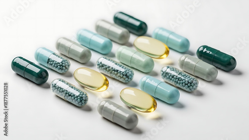 Various capsules and tablets arranged on a flat white surface viewed from above in a scattered pattern