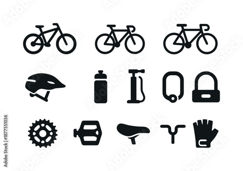 Biking Icon Set. Biking. Solid icon set of biking: mountain bike, road bike, BMX bike, cyclist helmet, water bottle, bike pump, bike lock, chainring, pedal,