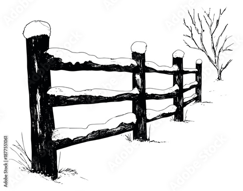 Hand drawn line art illustration of a wooden fence depicting snow accumulation for a winter scene