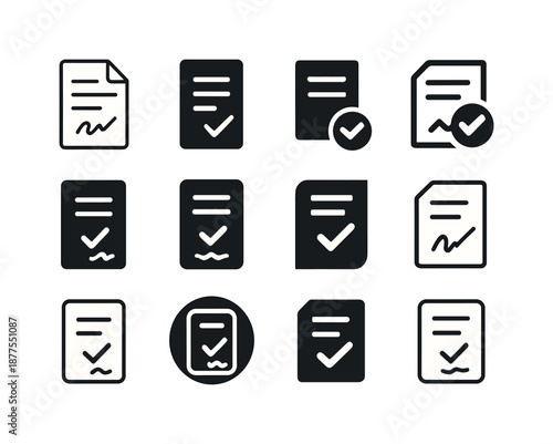 Job Contract Icons. Job contract. Icon set. Set Logo of Job contract: Signed document sheet: Minimal outline, Filled silhouette, Abstract geometric, Negative