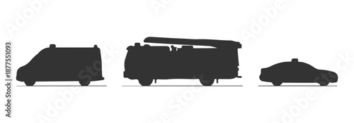 Emergency vehicles silhouette CAD drawings, ambulance fire truck police car, side view architectural symbols, vector – Premium Architectural CAD Vector Collection