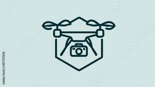 Line art of a drone with a camera, enclosed within a shield-like frame on a light blue background