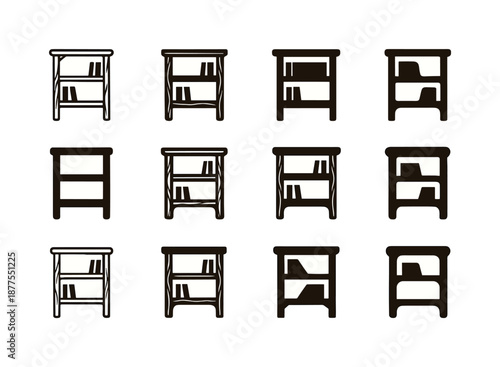 Bookshelf Logo Variations. peanutsold bookshelf. Icon set. Set Logo of peanutsold bookshelf: vintage bookshelf with visible wood grain. harmonious logo