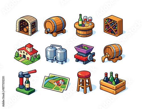 Isometric Winery Icons. Winery. Colorful isometric vector icons set of winery: wine cellar, oak barrel, tasting table, bottle rack, winery building,