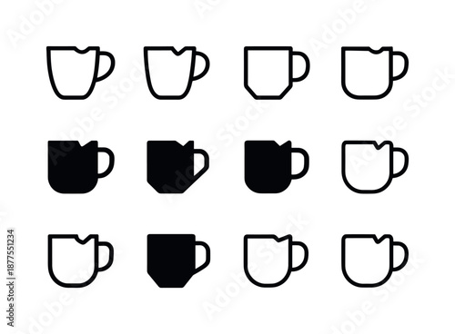 Chipped Mug Variations. Chipped Mug. Icon set. Set Logo of chipped mug: uneven cup lip. harmonious logo variations of the same emblematic concept, each with