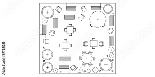 Outdoor furniture CAD blocks, benches tables umbrellas, top view architectural site plan style, vector – Premium Architectural CAD Vector Collection
