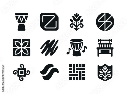 Folk Modern Icons. Folk and modern blend. Solid icon set of folk and modern blend: traditional drum, neon shape, folk motif, geometric overlay, pattern merging
