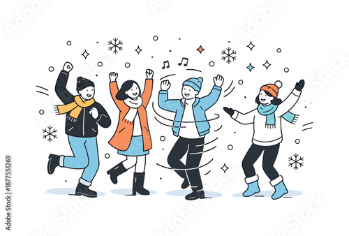 Joyful Snow Dance. People dancing in falling snow celebration. Light spinning and raised arms with snowflakes around, playful energy and friendly winter