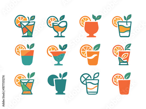 Colorful Cocktail Icons. A collection of colorful cocktails garnished with fruit and herbs. Icon set. Set Logo of colorful cocktails garnished with fruit and