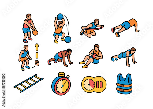 Boxing Conditioning Icons. Boxing conditioning. Colorful isometric vector icons set of boxing conditioning: kettlebell swing, medicine ball slam, resistance