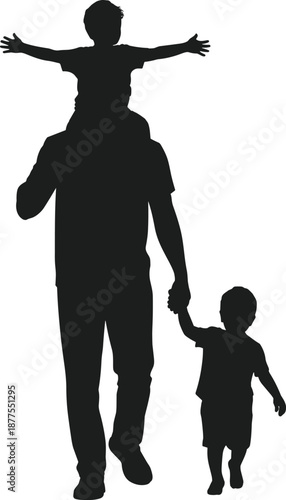 Father carrying one child on shoulders and holding hand of another child walking together silhouette