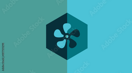 A geometric illustration of a fan within a hexagon, set on a two-toned teal background
