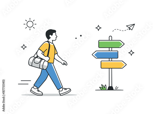 New Journey Begins. Beginning a new journey. A person walking forward with a small bag and directional signposts. Gentle progress, curiosity, and positive