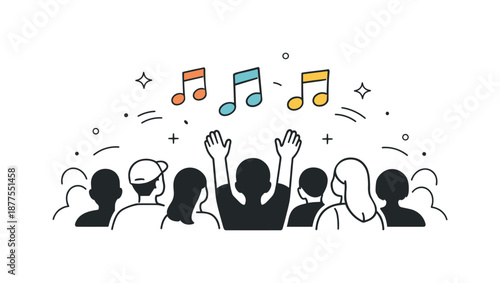 Harmonious Concert Vibes. Concert audience atmosphere. Abstract crowd shapes with floating music notes and soft light accents above. Mood of harmony, sound,