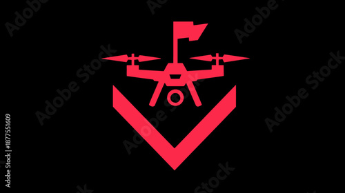 A red drone symbol with a flag on black, enclosed within an arrow shape