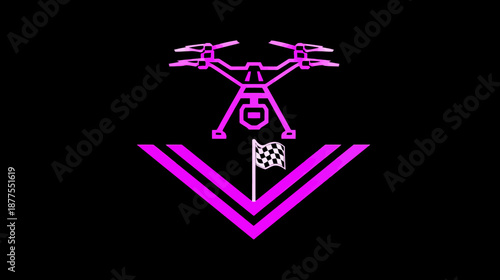 A geometric illustration of a drone, chequered flag, and angled lines. Bright pink color scheme