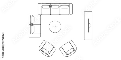 Top view living room furniture CAD drawings, sofa armchair coffee table tv unit, architectural plan symbols, black outline, vector – Premium Architectural CAD Vector Collection