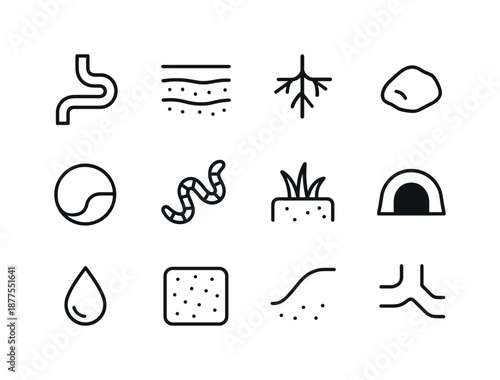 Mole Habitat Icons. Mole habitat. Line icon set of Mole habitat: underground tunnel, soil layers, roots, small rock, burrow chamber, earthworm, grass patch,