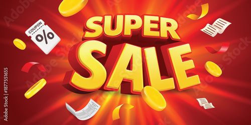 Super Sale Promotion Background with 3D Yellow Super Sale Text, Discount Marketing Concept, Bright Red Advertising Design