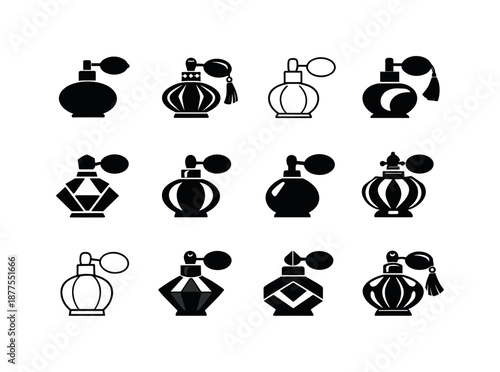 Perfume Bottle Icons. Perfume bottle. Icon set. Set Logo of Perfume bottle: vintage atomizer. harmonious logo variations of the same emblematic concept, each