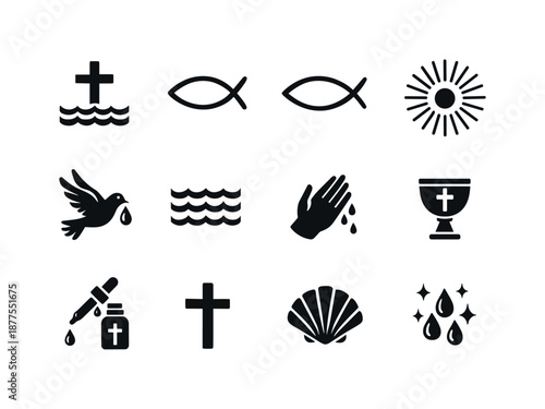 Baptism Symbols Icon Set. Baptism symbols. Solid icon set of baptism symbols: cross with water, fish symbol, ichthys outline, radiating light, holy spirit