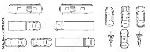 Top view vehicles CAD blocks, cars buses trucks motorcycles bicycles, urban planning symbols, vector illustration – Premium Architectural CAD Vector Collection