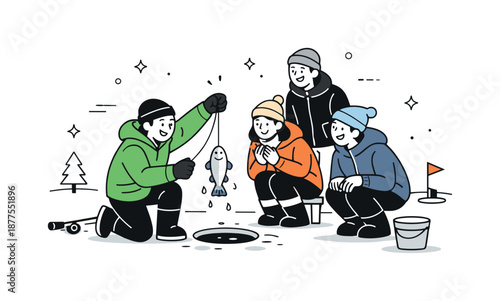 Ice Fishing Celebration. Group ice fishing on holiday catch moment. One person pulling a fish from the ice while others react with interest and smiles. Small