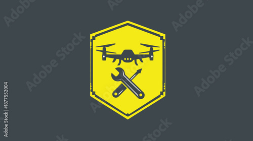 A geometric composition featuring a drone silhouette with crossed wrench and a hex frame