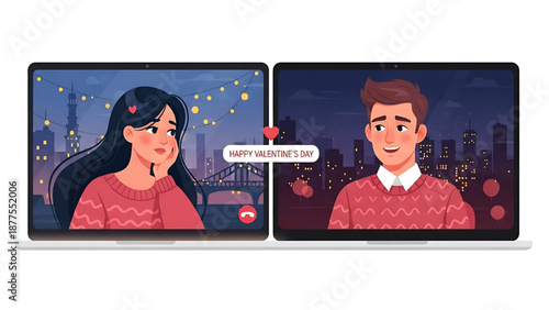 Long-distance Valentine's Day celebration via video call on laptops, couple exchanging digital greetings