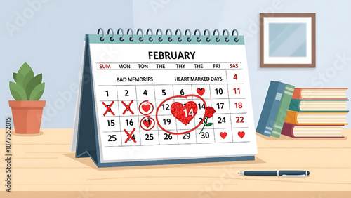 A desk calendar marking February 14th with hearts, symbolizing Valentine's Day celebrations, romantic planning, and cherishing special moments