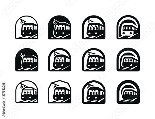 Subway Emblem Variations. A subway train moving through underground tunnels, with passengers inside. Icon set. Set Logo of a subway train moving through