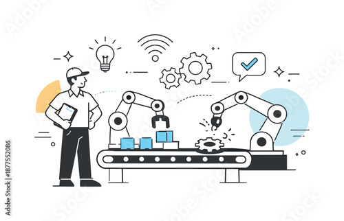 Robot and Human Cooperation. Automation and human collaboration. A worker supervising robots performing repetitive tasks. Balance between technology and