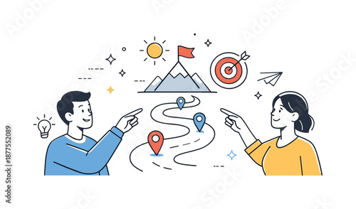 Startup Vision Alignment. Shared vision. Startup founders pointing toward a simple goal icon or roadmap, aligning ideas and direction. Positive confident mood
