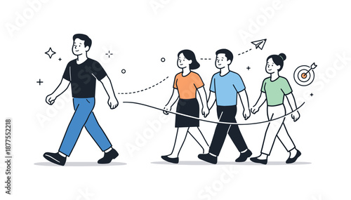 Inspiring Leadership Journey. Leading by example. Individual stepping forward confidently while others follow, connected by subtle guiding lines. Mood of