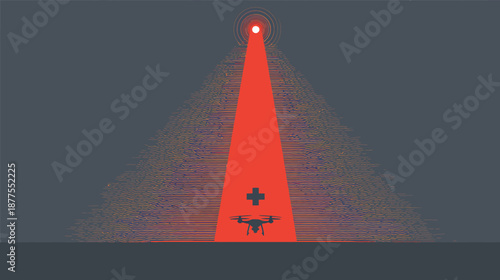 A geometric illustration of a drone under a red spotlight with medical cross, suggesting aid