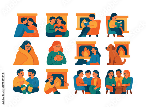 Cozy Fireplace Scenes. People by the fireplace. Colorful flat vector icons set of people by the fireplace: couple sitting by fire, warm family moment, reading