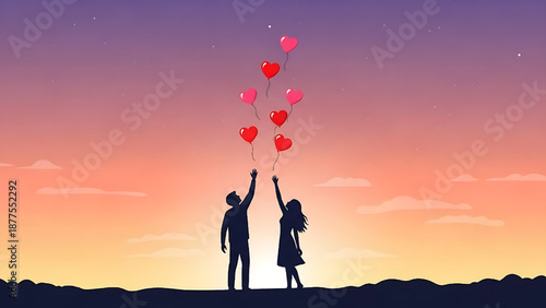 Couple Releasing Heart Balloons into the Sunset Sky Symbolizing Love and Hope