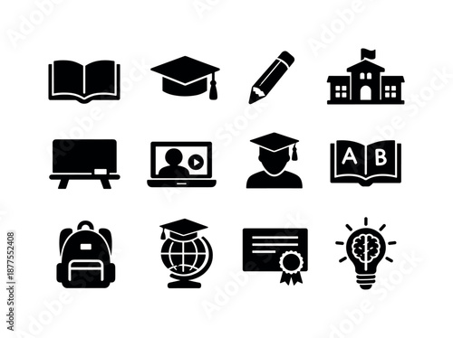 Education Icon Set. Education for poverty reduction. Solid icon set of education for poverty reduction: open book, graduation cap, pencil, school building,